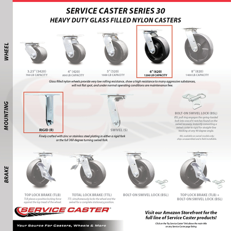 Service Caster 6 Inch Kingpinless Glass Filled Nylon Wheel Caster Swivel Locks 2 Rigid, 2PK SCC-KP30S620-GFNR-BSL-2-R-2